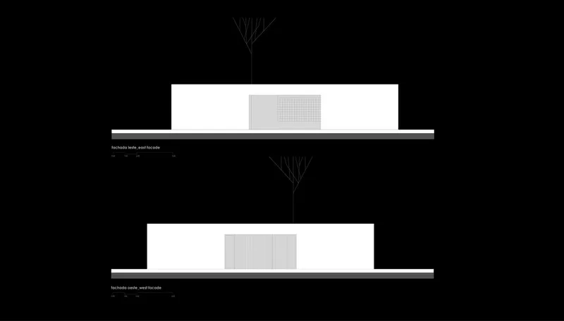 Two elevation drawings showing white horizontal volumes with central perforated panels and flanking trees