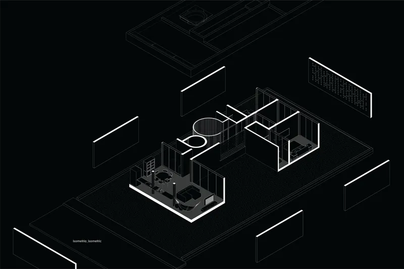 Axonometric drawing revealing interior spaces with furniture and circulation paths within a rectangular plan