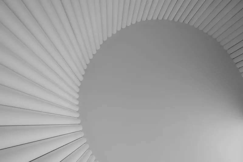 Looking up at a white vaulted ceiling with radiating ribbed slats forming an arched geometry