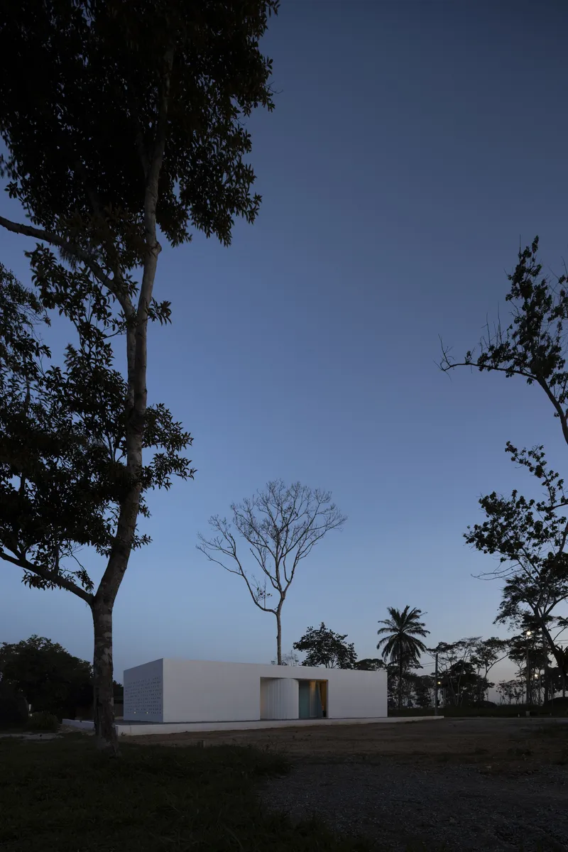 White concrete volume with recessed entrance among tropical trees at dusk