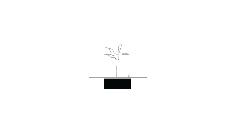 Section drawing showing a tree emerging from a rectangular volume with a figure for scale
