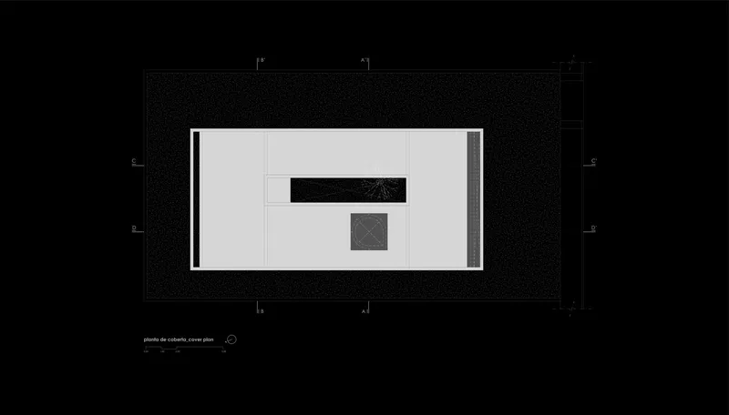 Roof plan drawing indicating two rectangular volumes within a dark perimeter