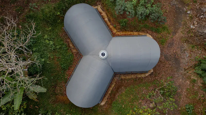 Drone perspective showing the cloverleaf roof form with central skylight and timber base trim