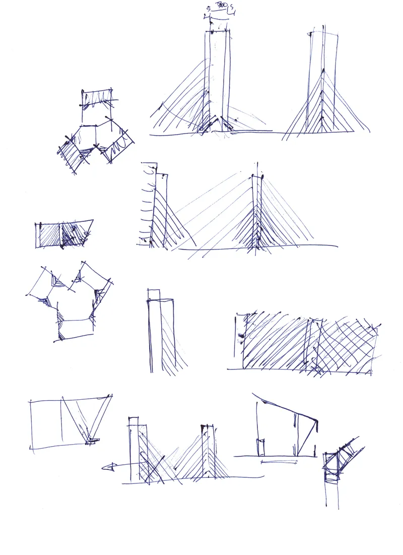Sketch collection showing elevation and plan studies of cable-stayed and arched structural systems with varied geometries