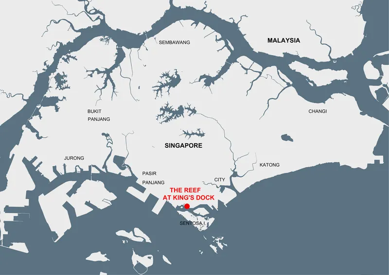 Site map showing a waterfront development in relation to the surrounding coastal geography and neighborhoods