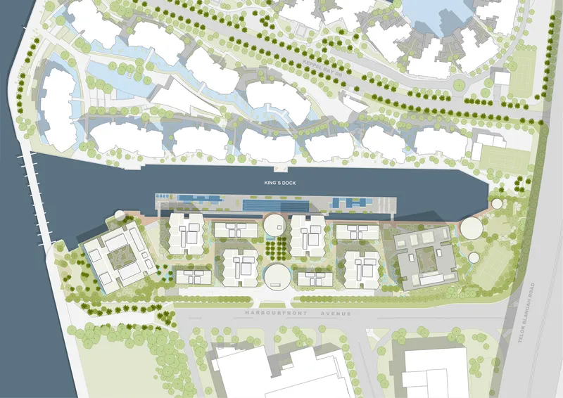 Master plan drawing showing residential blocks arranged along a waterfront with landscaped promenades and tree-lined streets