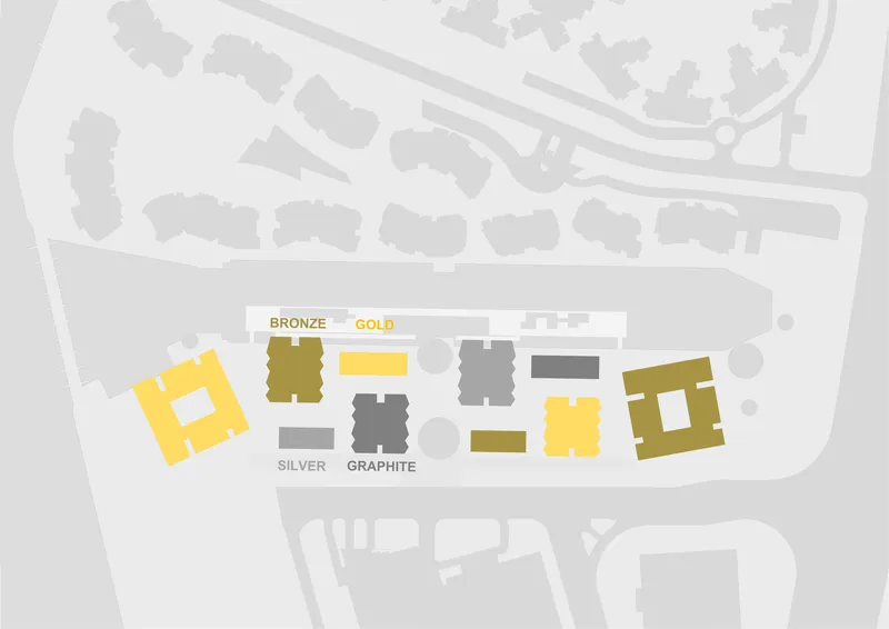 Site plan diagram showing building types color-coded in bronze, gold, silver, and graphite finishes