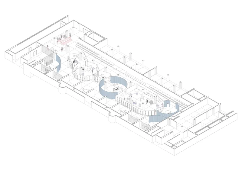 Axonometric drawing showing an elongated interior with three curved blue partitions and a central colonnade