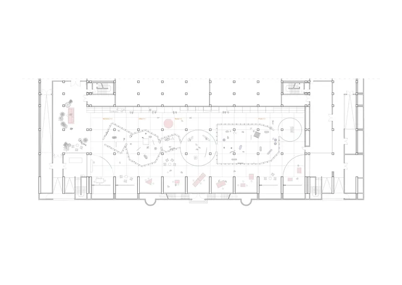Floor plan drawing revealing curving partitions, circular elements, and rows of columns within a rectangular envelope