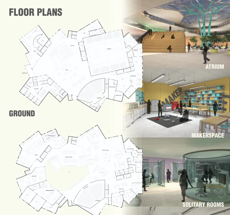 Layered floor plans integrate collaborative hubs, makerspaces, and adaptable classrooms to support diverse learning modes.