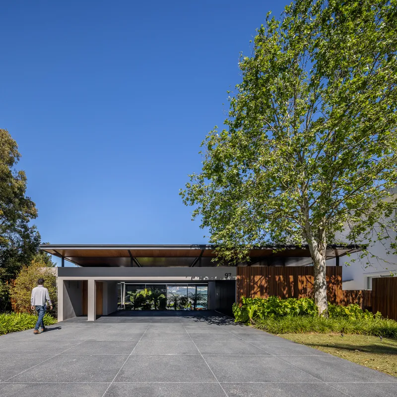 Front facade with vertical timber cladding and deep roof overhang shaded by sycamore tree