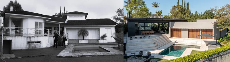 Before and after comparison photographs showing the transformation of the pool terrace and volumes