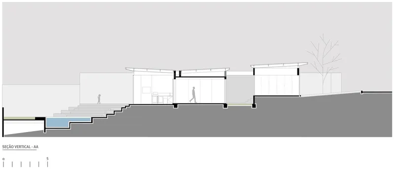 Section drawing showing stepped interior levels descending the slope toward a pool terrace