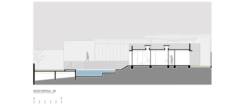 Section drawing revealing the relationship between pool deck, stepped interior, and sloping terrain
