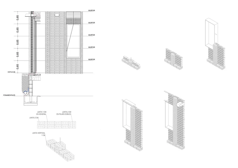 Construction detail and axonometric drawings illustrating the layered brick wall assembly and foundation connection