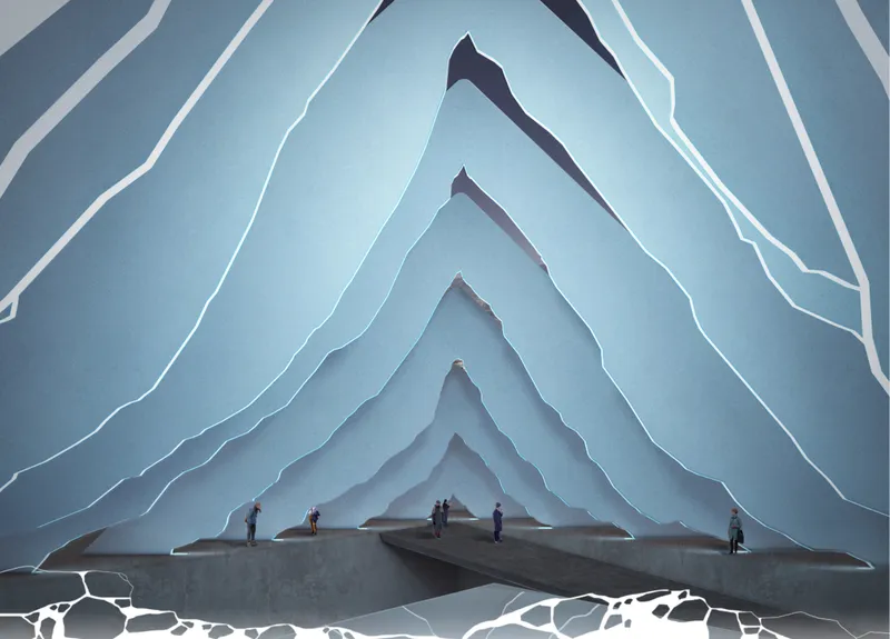 Layered interior geometry translating the iceberg’s form into spatial experience