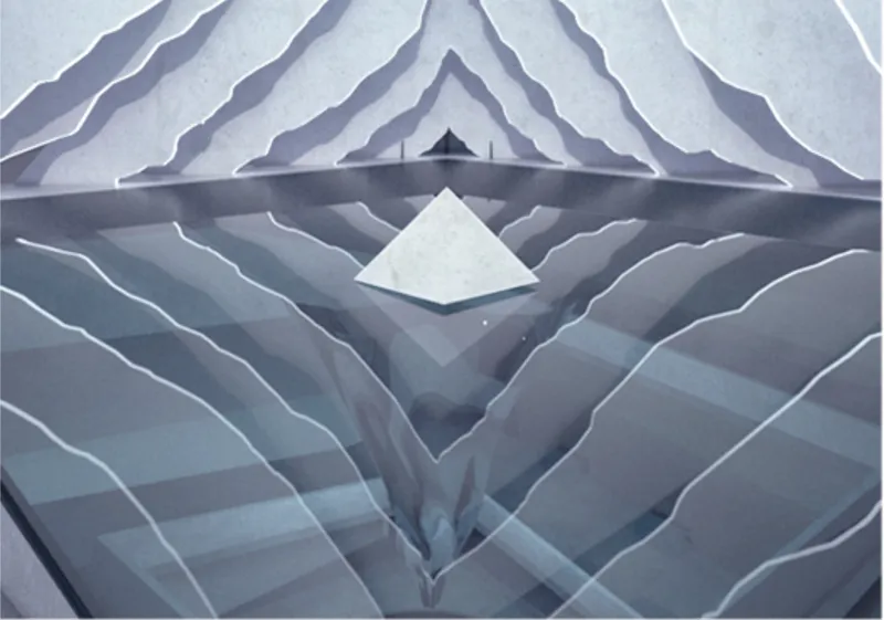 Reflective pool capturing the submerged mass of the iceberg below ground