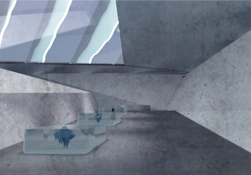 Subterranean gallery where water, sound, and memory shape the exhibition experience