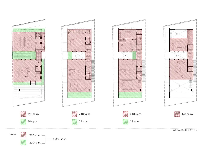 Area calculation diagram showing floor plans color-coded in pink and green with square meter totals