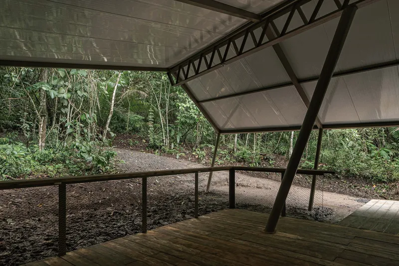 Elevated platform edge with metal railing and diagonal steel supports framing the forested hillside beyond