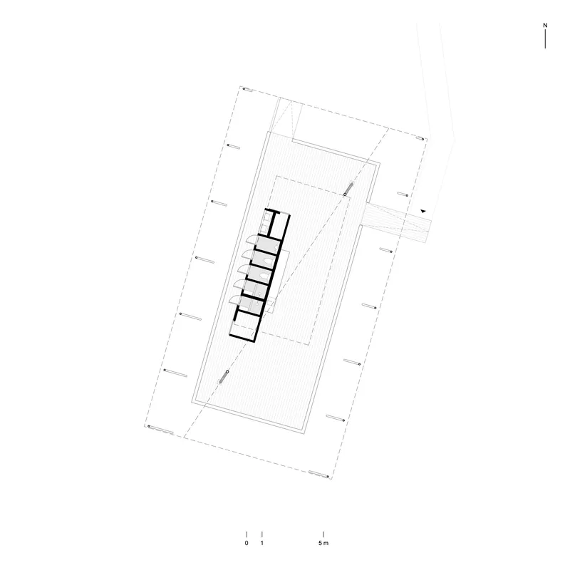 Roof plan drawing showing a rectangular volume with five skylights along one side