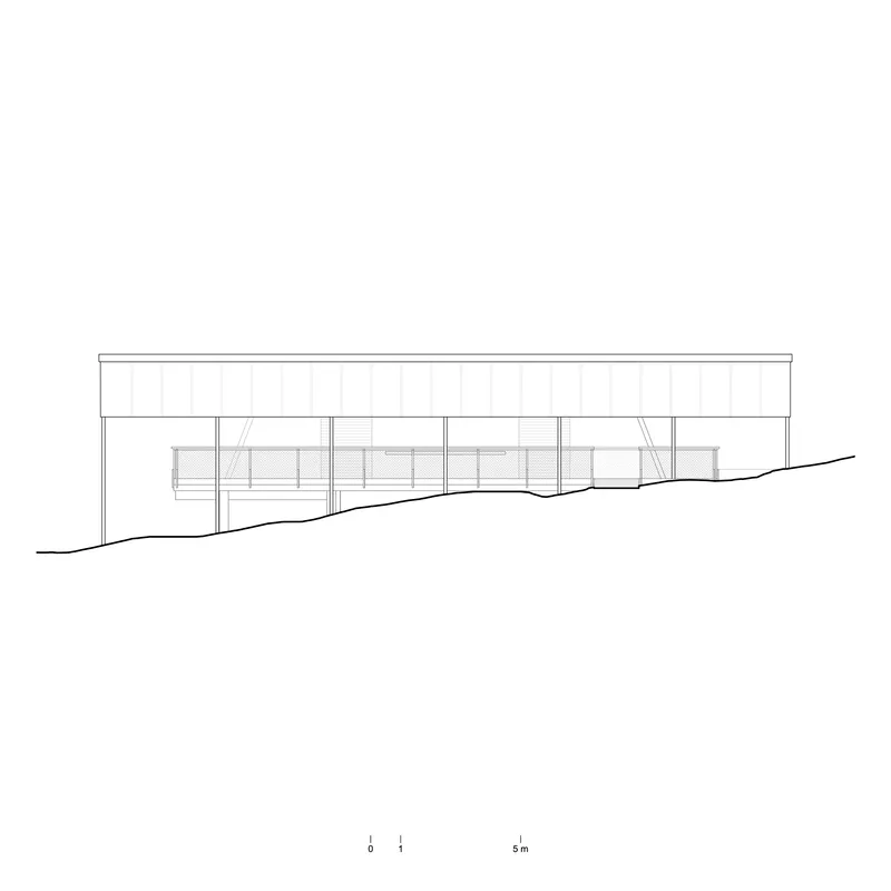 Elevation drawing of a linear structure following a sloping site with glazed openings below