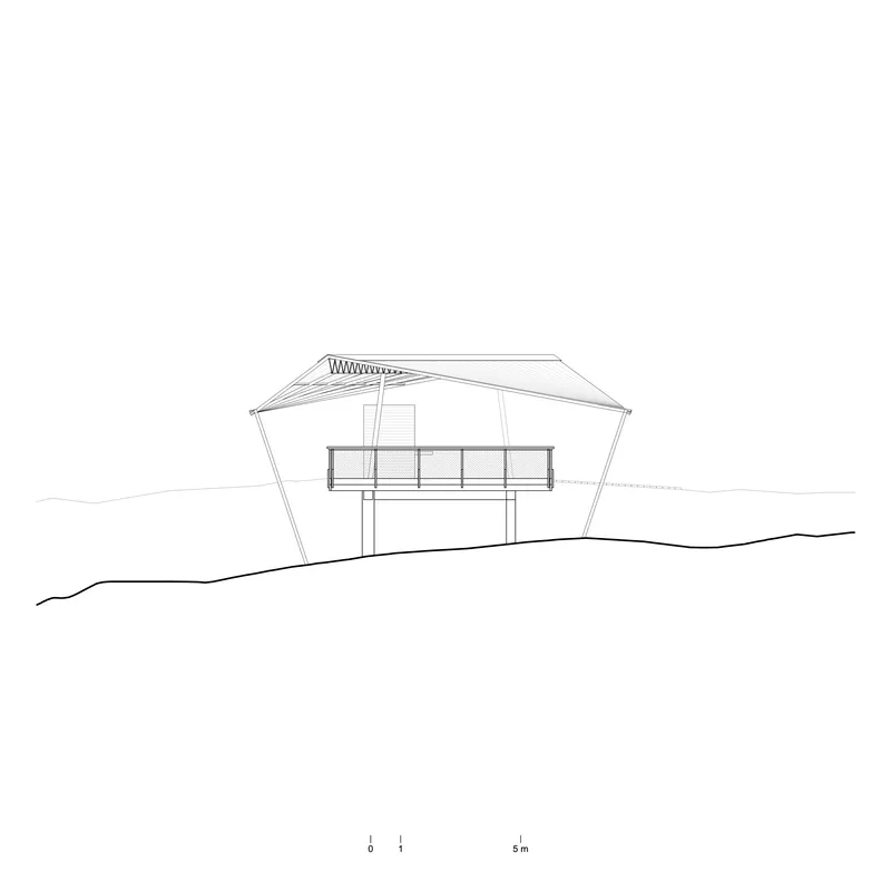 Section drawing showing a gabled structure with exposed rafters and an elevated terrace