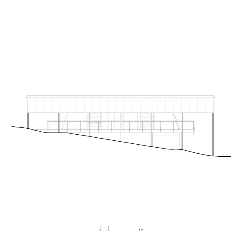 Elevation drawing of the glazed facade with vertical mullions on a descending slope