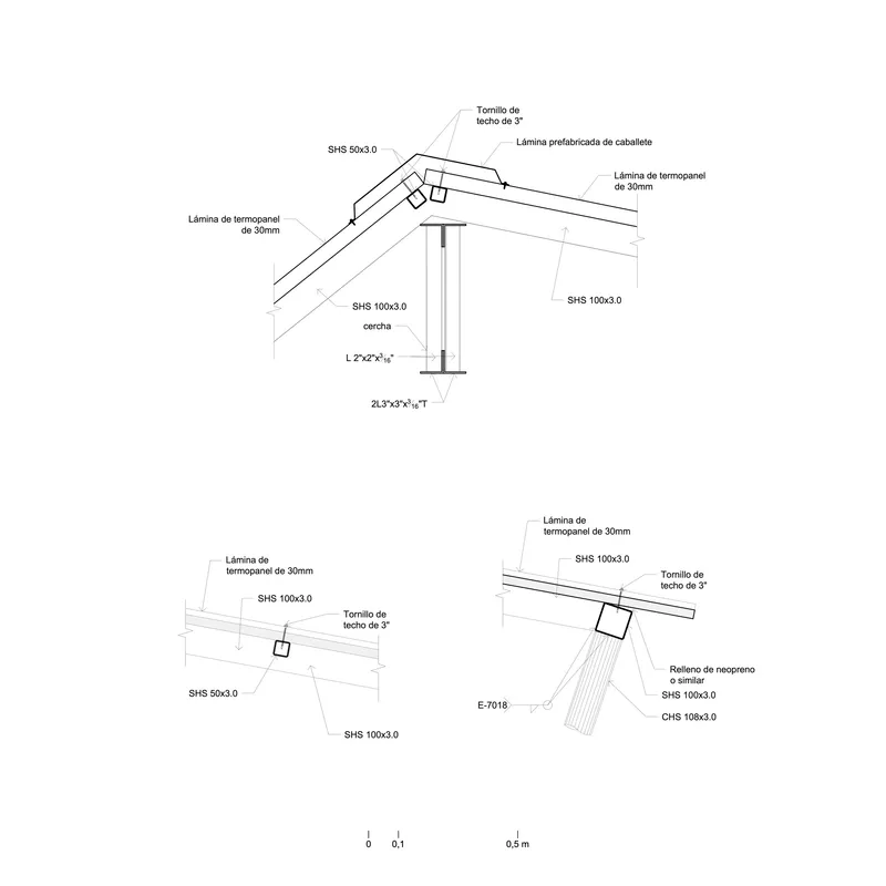 Construction detail drawings of roof connections with steel sections and thermopanel layers