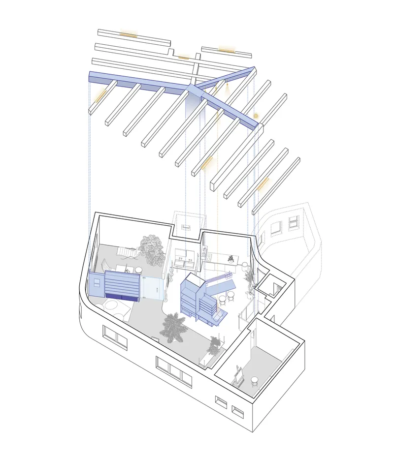 Axonometric drawing showing roof pergola beams above a courtyard with planted trees and interior rooms