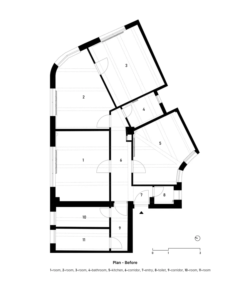 Floor plan drawing showing the original room layout before renovation with numbered spaces