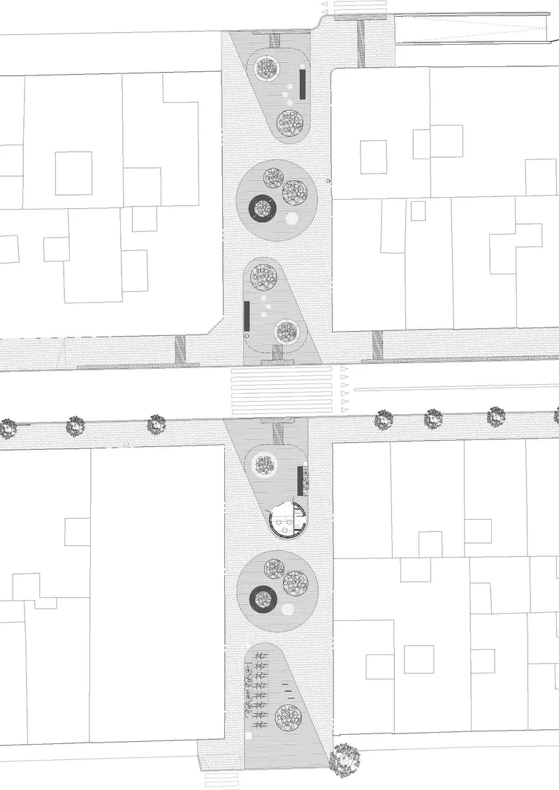 Plan drawing showing linear pedestrian plaza with circular planters and tree locations between buildings