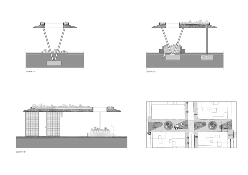 Section drawings and plan detail showing angled columns supporting a planted roof with vegetation