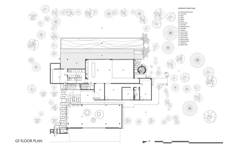 Ground floor plan drawing showing rectangular volumes with pool and surrounding tree canopies