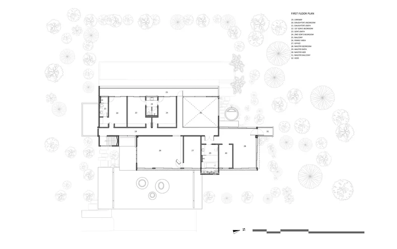 First floor plan drawing showing bedroom layout with central void and tree symbols