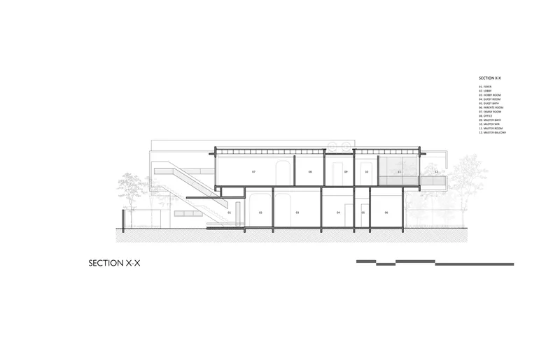 Section drawing showing two-story interior spaces with stair and flat roof structure