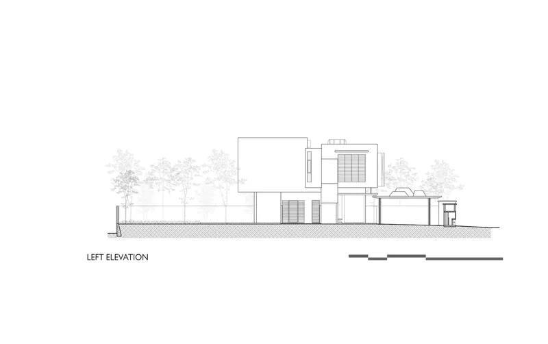 Left elevation drawing depicting stacked volumes with louvered windows and adjacent landscape