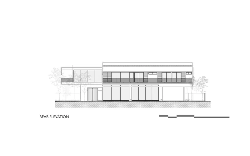 Rear elevation drawing showing glazed upper level with horizontal louvers and flanking trees