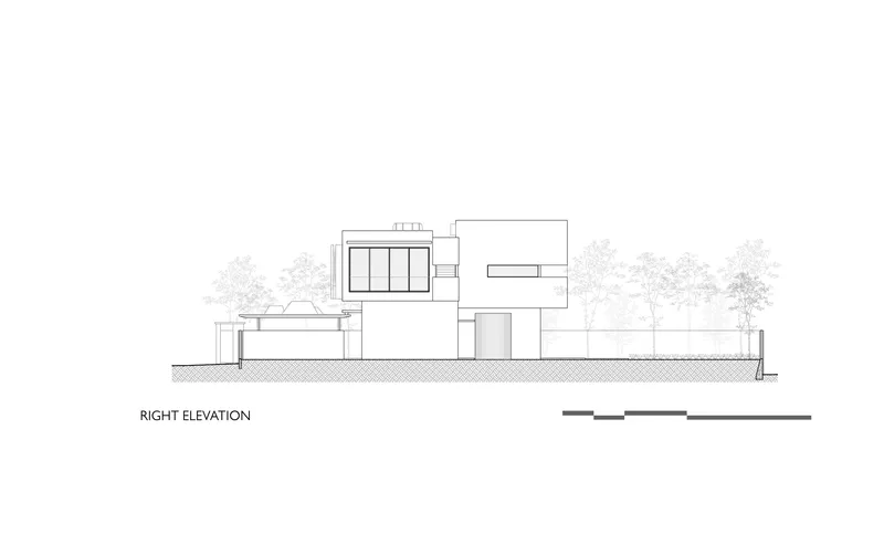 Right elevation drawing illustrating offset volumes with large openings and sloped ground plane