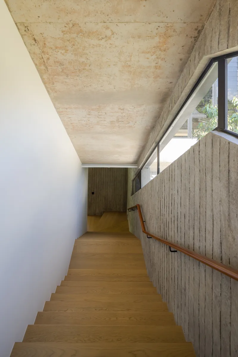 Timber stair ascending alongside board-formed concrete wall beneath an exposed plywood ceiling