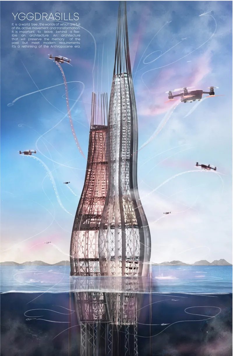 A futuristic offshore tower rises from the sea, reimagining abandoned oil rigs as adaptive ecosystems for living, research, and regeneration.