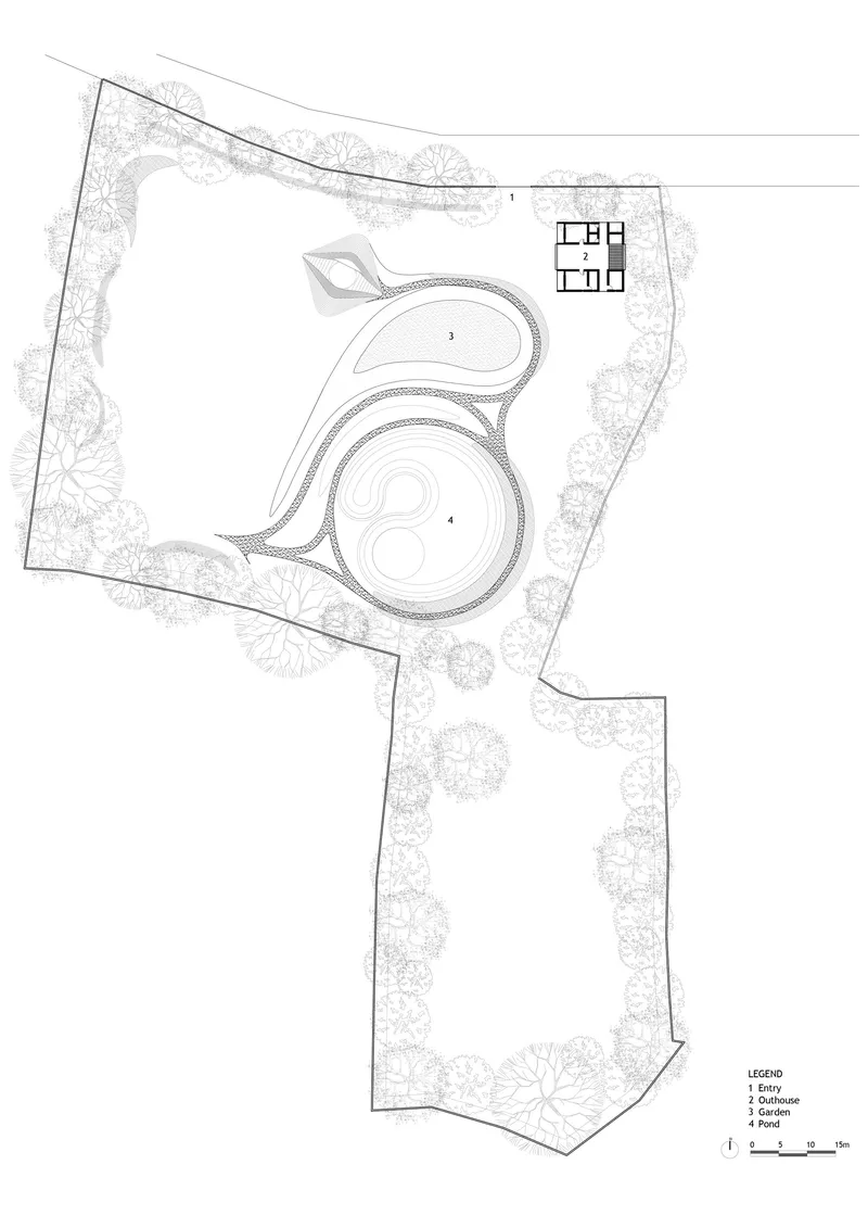 Site plan drawing showing curving water features and residence footprint among trees