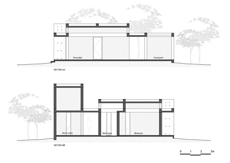 Section drawings showing veranda, courtyard, bedroom and bathroom spatial relationships with flanking trees