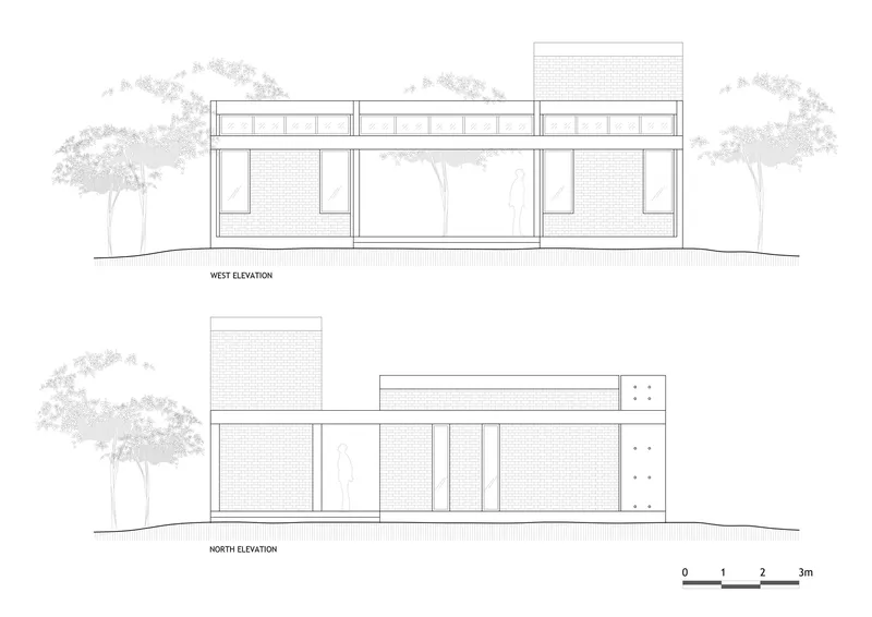 Elevation drawings showing west and north facades with clerestory windows and surrounding tree canopies