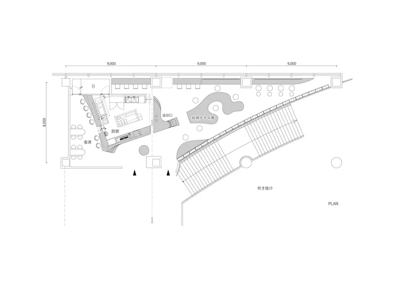Floor plan drawing showing curved seating zones and angled outdoor terrace with dimensional notations