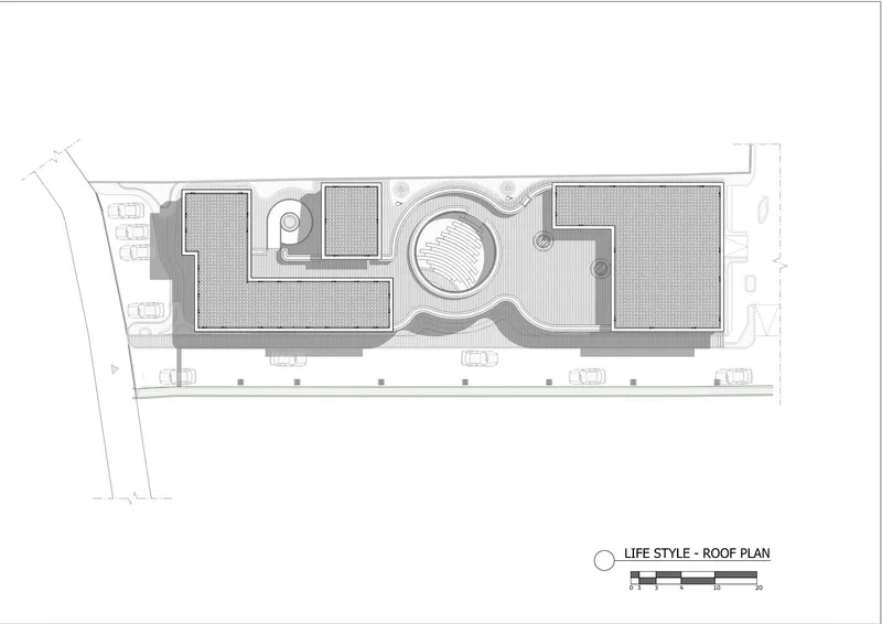 Roof plan drawing showing planted terraces and circular skylight opening