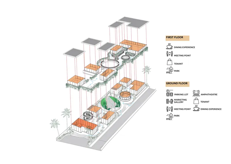 Exploded axonometric drawing showing ground and first floor programs with orange volumes and labeled functions