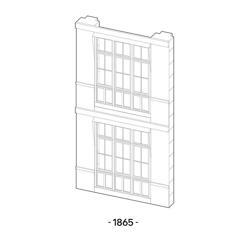 Axonometric drawing of a gridded window facade with horizontal spandrels and stepped parapet