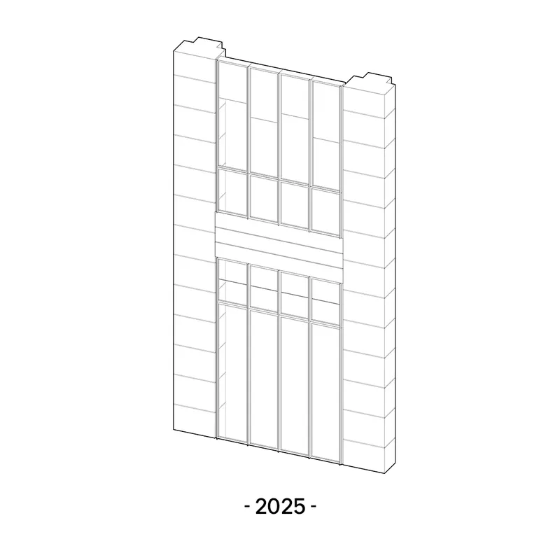 Axonometric drawing of a facade with upper and lower window grids separated by spandrel band
