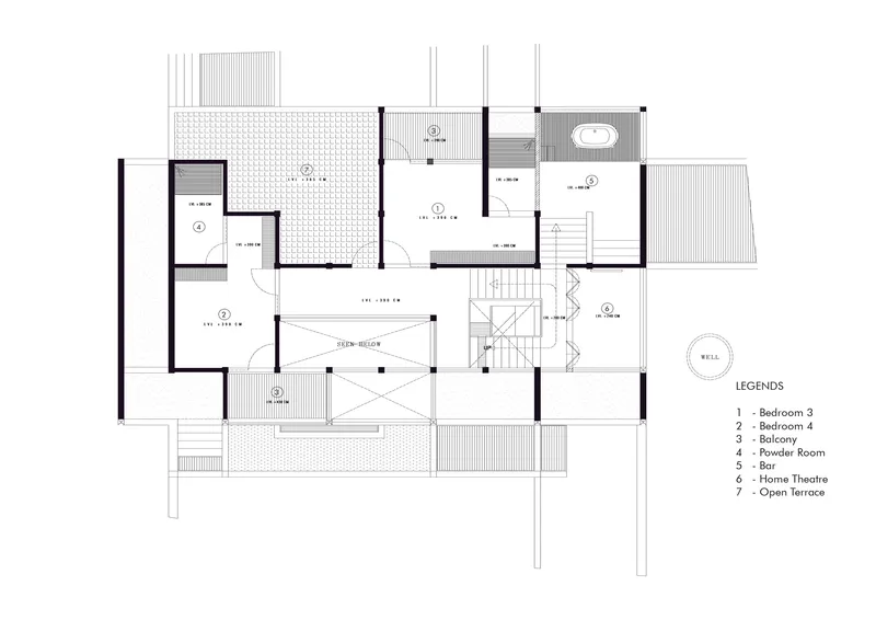 Floor plan drawing showing bedroom layout with central staircase, balconies, and open terrace